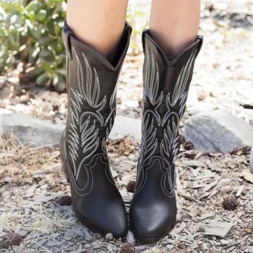 2021 Women Mid Calf Western Boots Cowboy Pointed Toe Knee High Pull on Boots Ladies Fashion Leather Motorcycle Boots Botas Mujer