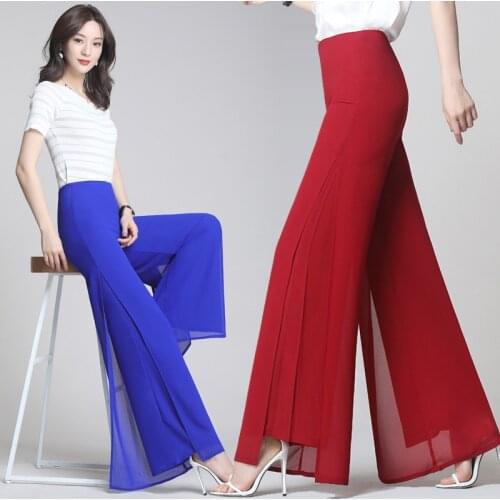Hot Sale Summer New Female Wide Leg Pants Women High Waist Double Layers Split Chiffon Pants Loose Black Elegant Dance Trousers