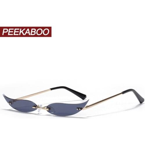 Peekaboo women gold metal sunglasses frameless narrow party accessories rimless 2021 ladies sun glasses cat eye green red sexy