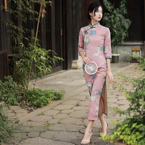 Pink Elegant Slim Print Chinese Dress Classic Oriental Women Cheongsam Traditional Mandarin Collar Qipao Split Party Formal Gown