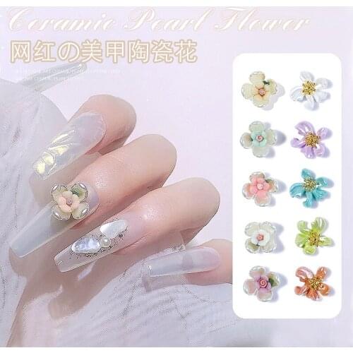 10 Pcs Ceramic Pearl Flower 3D Nail Art Decorations Metal Bud Jewelry Manicure Design Accessories