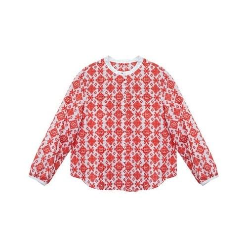 2021 summer ramie white background Red Embroidery round neck single row button loose Quarter Sleeve Shirt 2021017