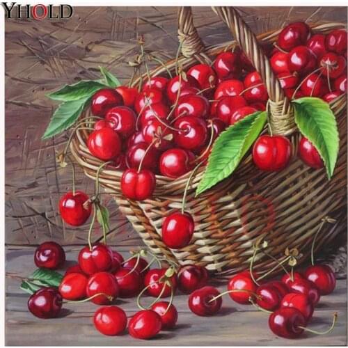 5D NEW Diamond Painting A Basket Of Cherries Full Round Drill Embroidery Cross Stitch Mosaic Square Rhinestone Home Decor