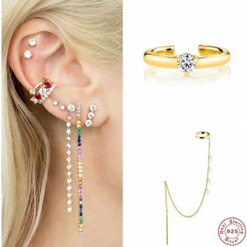 GS 925 Sterling Silver Crystal Long Chain Tassel Ear Cuff for Women Girl Zircon Clip Earrings Geometric Piercing Party Jewelry