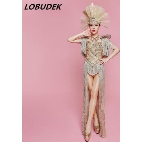 Gold Crystal Rivet tassel Bodysuit Bar Women Singer High-end DS Stage Costume Birthday Luxurious Outfit Model Catwalk Stage wear