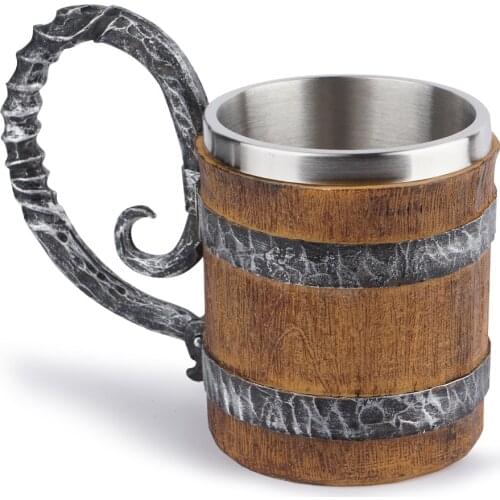 Wood Imitation Barrel Stainless Steel Beer Mugs Viking Style Wooden Beer Cup Water Mug Tankard Drinkware Halloween Christmas Gif