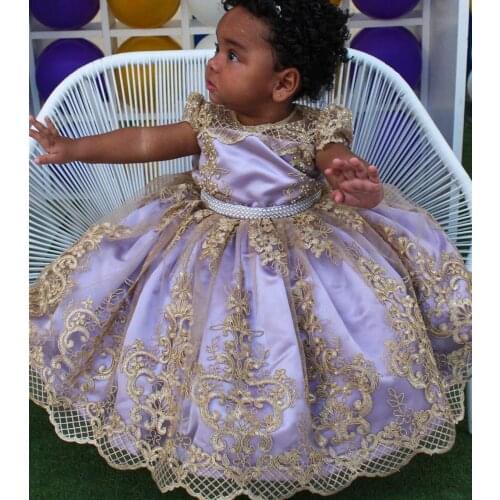 Lavender Beaded Lace Baby Girl Dresses Cap Sleeves Ball Gown Little Girl Birthday Dresses Communion Pageant Dresses