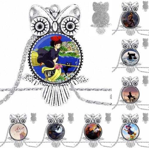 EJ Glaze For Christmas Gift Broom Ride Glass Cabochon Choker Pendant Owl Necklace Bronze Color Jewelry