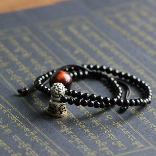 Coconut shell beads Red Tiger Eye Stone Tibetan Buddhist Totem Charm Bracelet For Men Women 2 Rows Bangle OM Jewelry Handmade