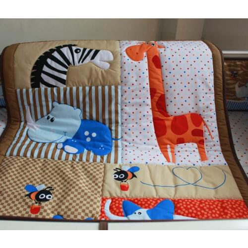 Embroidery Jungle Animals Boy Baby Cot Cribs Bedding sets 7pcs Comforter Sheet Bumpers Bedskirt Diaper Stacker Blanket