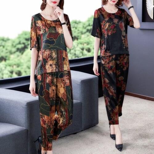 Summer Middle-aged Women 2 Piece Sets Outfits Plus Size Loose Floral Print Top+ Wide Leg Pants Suits Elegant Ladies Sets L366