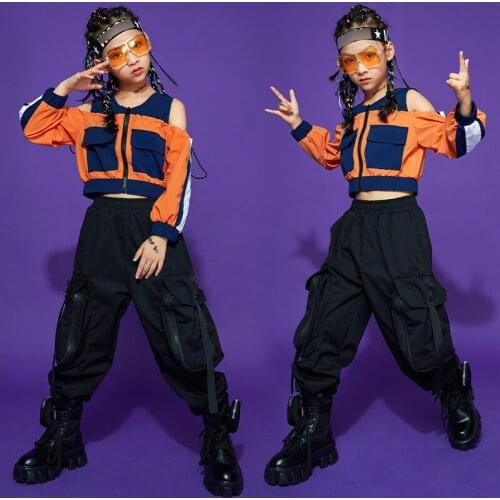 Jazz Costume Girls Hip Hop Dance Clothes Off-Shoulder Tops Long Sleeve Street Dance Outfit Black Ballroom Practice Pants BL5452