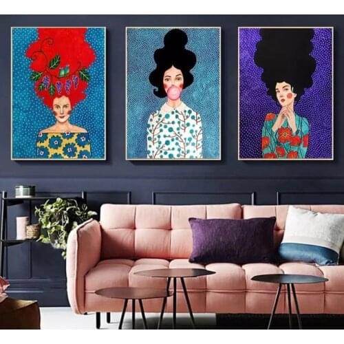 Colorful Abstract Retro Vintage Girl Canvas Painting Decorative Picture Poster Living Room Bedroom Dining Room Wall Decorationt