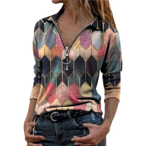 Fashion Women Tshirt Lapel Geometric Print Zipper Long Sleeve Casual T-shirt Top High Street Tshirt Camiseta Mujer Verano #G3