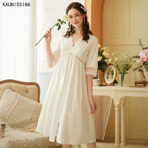 Cotton Nightdress Women Summer Court Princess Night Gown Loungewear White Half Sleeve V-neck Loose Plus Size Night Sleepwear