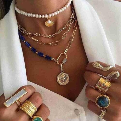 New Bohemia Gold Color Chains Multilayers Natural Stone Beads Portrait Pendant Necklace for Women Girls Boho Necklace Jewelry