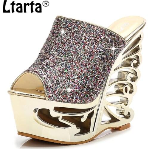 LEOPARD LAND Sexy High Heel Slope Gold Silver Personality Shaped Wedding Shoes Bridal Shoes 15 Cm Sandals Slippers ZYW-1076-2