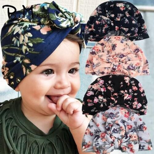Powmuco Fashion Handmade Bowknot Baby Girls Indian Hats Cute Flowers Pattern Bows Infant Caps Vintage Print Turban Birthday Gift