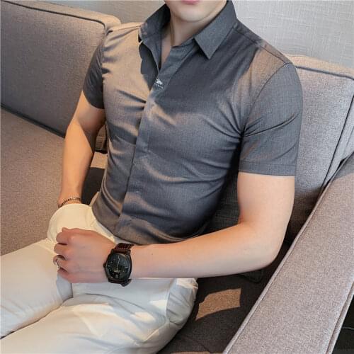 4XL-M Summer Short Sleeve Men Dress Shirts Embroidery Casual Simple Covered Button Slim Fit Business Formal Wear Blouse Homme
