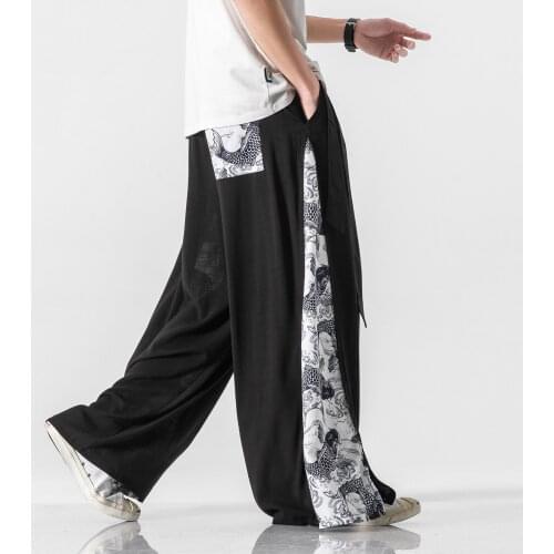 2021 Men Streetwear Wide Leg Pants Men Patchwork Printed Cotton Linen Pants Male Hip Hop Joggers Hanfu Loose Trousers M-5XL