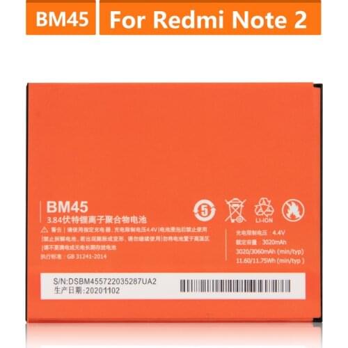 Original Replacement Battery For Xiaomi Mi Redmi Note 2 redmi nota2 Redrice Note2 BM45 Genuine Phone Battery 3060mAh