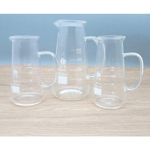 1pcs High borosilicate glass triangle flask with handle,Tapered glass measuring cup with scale 125/250/500ml Lab glassware