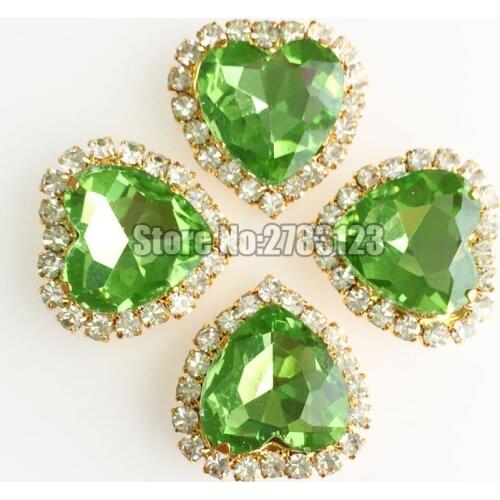 Light green 12mm heart shape Crystal buckle, gold base Glass sew on rhinestones use for diy/clothing accessories SKHJ19