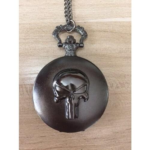 Vintage Antique The Punisher Skull Quartz Pocket Watch Analog Pendant Necklace Men Women Black Regarder Gift watches