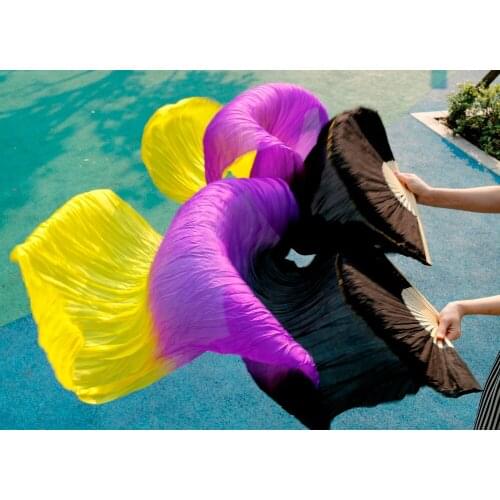 Hits 2016 High selling women Quality Silk Belly Dance Fan Dance 100% Real Silk Veils 1 pair 180*90 cm Black+Purple+Yellow