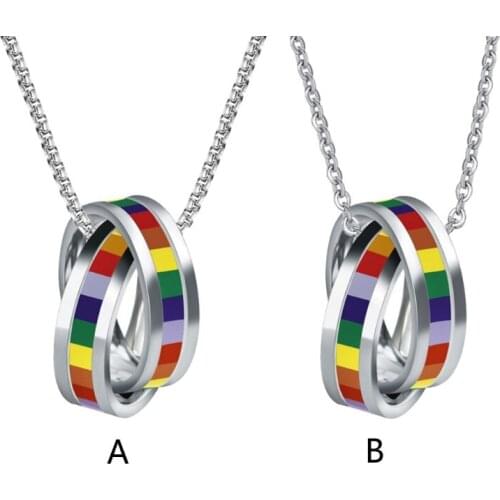 Stainless Steel Jewelry Unisex Love Pride Gay Lesbian Flag Pendant Rainbow Double Rainbow Rings Lovers Pendant Necklace