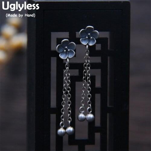 Uglyless Genuine S925 Thai Sterling Silver Women Ethnic Flower Dangle Earrings Chains Tassel Brincos Handmade Beads Fine Jewelry