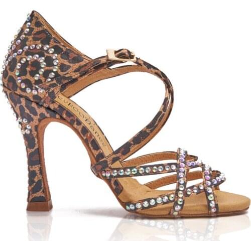 Evkoodance Women Dance Shoes Rhinestone Lepord Latin Dancing Shoes Girls Practice 9cm Latin Salsa Balllroom Party Dance Shoes