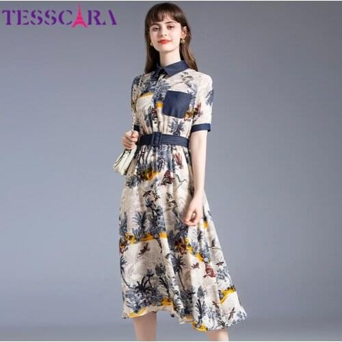 TESSCARA Women Summer Elegant Patchwork Chiffon Dress Shirt High Quality Office Party Robe Femme Denim Designer Casual Vestidos