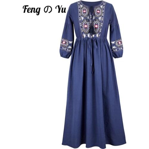 Autumn Womens Casual Holiday Long Skirt 2021 New Retro Ethnic Embroidery Round Neck Lantern Sleeve Dress Navy Blue Long Sleeves