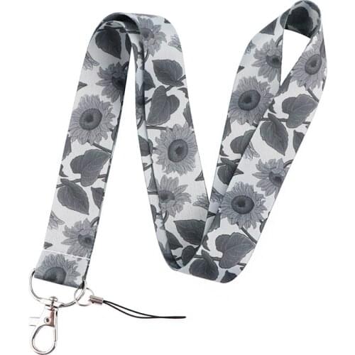 30pcs Grey Sunflower Flowers Lanyard Keys Phone Holder Funny Neck Strap With Keyring ID DIY Animal webbings ribbons Hang Rope