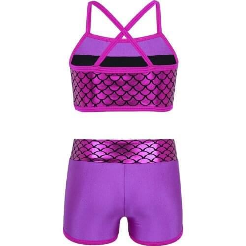 Kids Girls Ballet Dance Outfit Gym Workout Yoga Dancewear Sleeveless Sequins Mermaid Scales Print Tank Tops with Bottoms Set