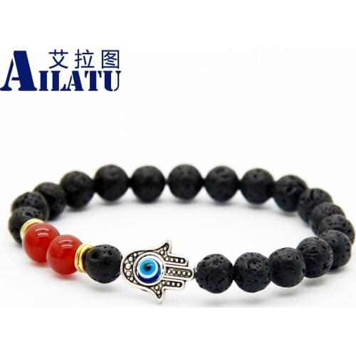 Ailatu New Design Hot Sale Lava Stone Antique Silver Color Hamsa Blue Eye Bracelet Religious Fatima Jewelry