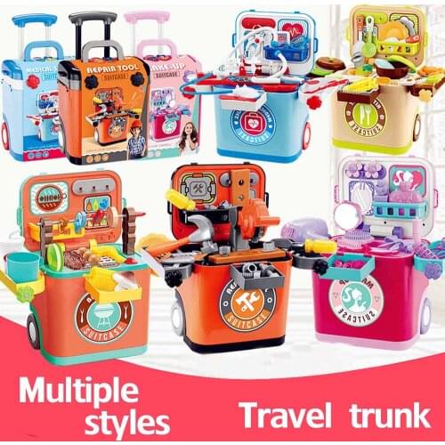 Simulation girls Birthday toys miniature kitchen Doctors toy with music light Kid Pretend play bbq Simulation trolley case toy