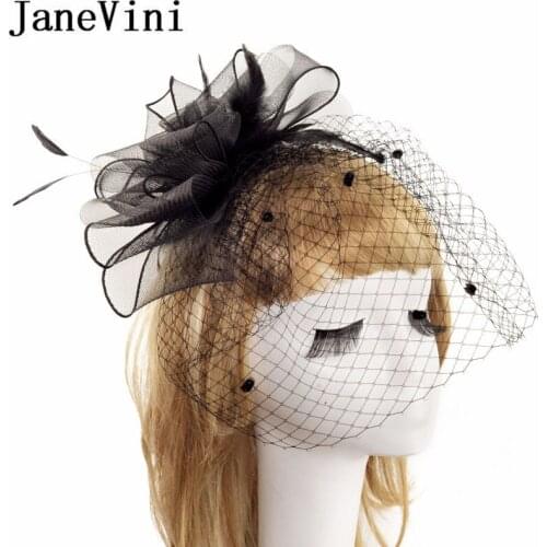 JaneVini Black Bride Wedding Hats and Fascinators Feather Headdress Birdcage Net Veil Women Hat For Wedding Party Accessories