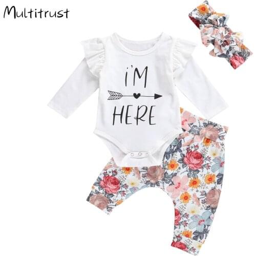 0-24M Autumn Baby Girls Clothes Sets Letter Floral Print Ruffles Long Sleeve Bodysuit+ Pants +Headband 3pcs