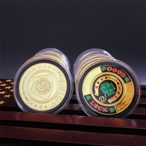HOT 20/50pcs Gold Green Clover Good Luck Challenge Coin Fashion Poker Card Guard Chips Token Coin Collections With Coin Capsule