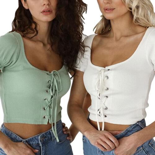 2021 Fashion Trend Low Cut Bandage T-Shirt Women Short Sleeve Crew Neck Solid Slim Fit Crop Top Holiday Casual Sexy Short Tops