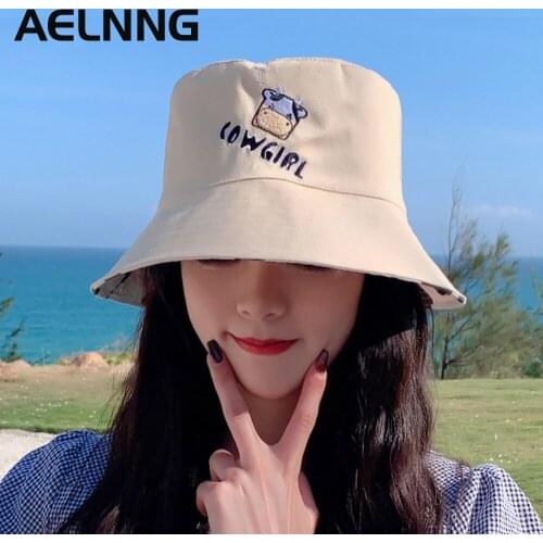 AELNNG Brand Summer New Bucket Hats For Women Lovely Cartoon Cow Double-Sided Wear Fisherman Cap Girls Embroidery Sun Hat A8031