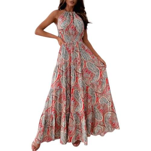 Maxi Dresses For Women Party Womens Fashion Sexy Floral Print Dress Backless Bohemian Long Sleeveless Dress Vestidos Mujer