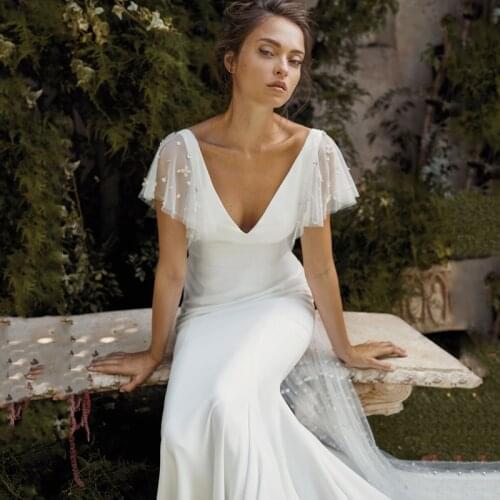 Eightree Satin Wedding Dresses V-neck Mermaid Beading Tulle Sweep Train Backless White Robe De Mariee Bridal Gowns Custom Made