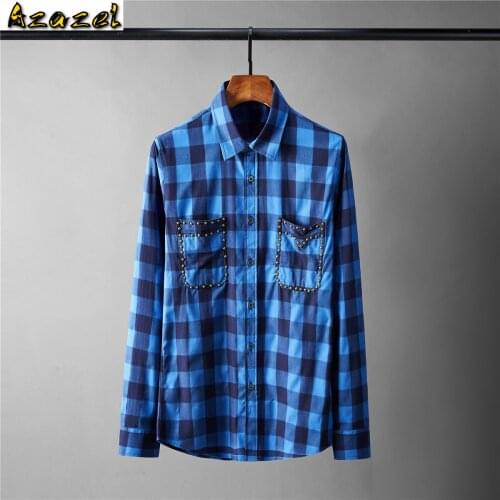 Azazel Autumn And Winter Mens Shirts Luxury Metal Rivets Long Sleeve Casual Mens Dress Shirts Fashion Slim Plaid Male Shirts