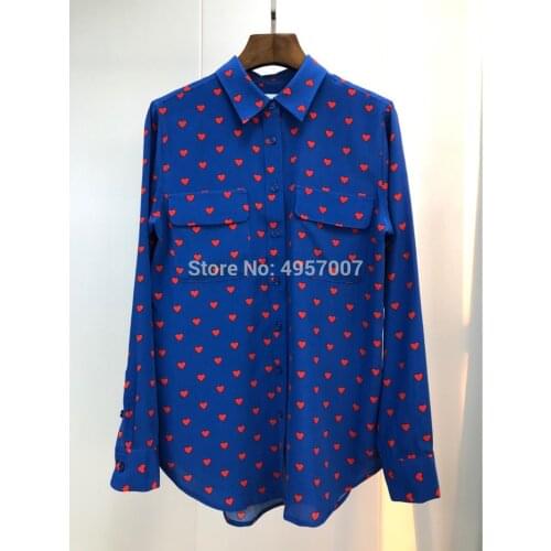 Silk 100% Blue Contrast Heart Lapel Shirt Top With Double Pockets - ElfStyle 2020ss Ladies Fashion Blouse Shirt