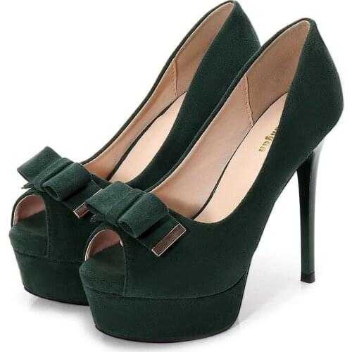 Women Pumps 2020 Wedding Party Shoes Flock Slip On 12.5CM Thin High heels Peep Toe waterproof Butterfly-knot zapatos de mujer