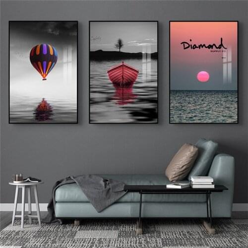 Sunset Sea Landscape Canvas Painting Nordic Black White Balloon Wall Art Posters And Prints Modern Living Room Home Decor