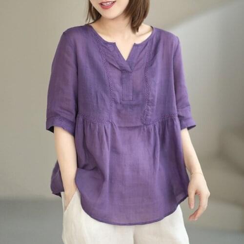 Women Summer Cotton Linen Casual T-shirts New Arrival 2021 Simple Style V-neck Solid Color Loose Thin Female Tops Tees B476